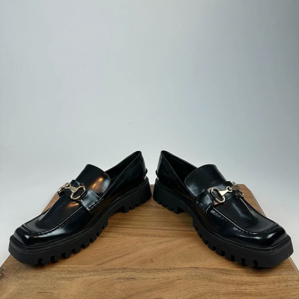 New Womens Open Edit Heather Black Faux Leather Horsebit‎ Lug Sole Loafers Sz 11